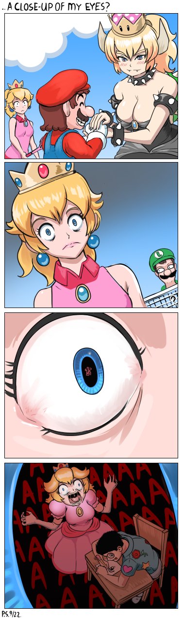 princess peach, mario, bowsette, luigi, and andy reyes (mario and 2 more) drawn by profitshame