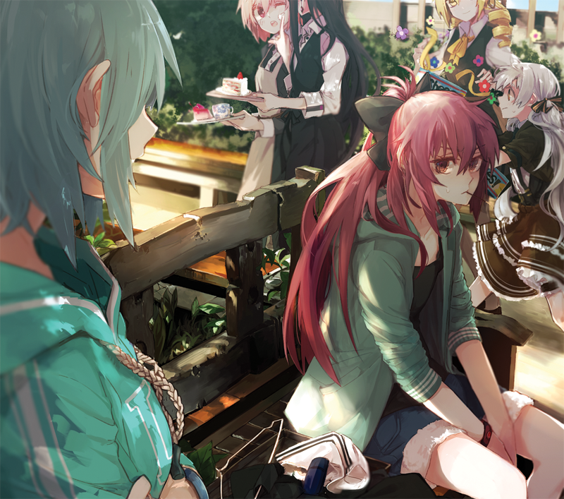 akemi homura, kaname madoka, miki sayaka, sakura kyoko, tomoe mami, and 1 more (mahou shoujo madoka magica and 1 more) drawn by hanyae