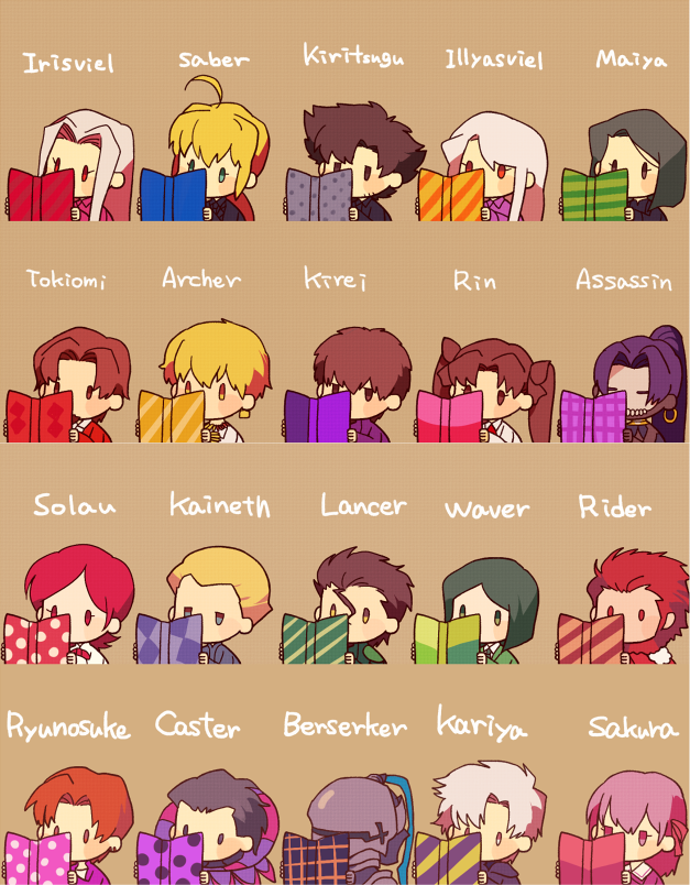 artoria pendragon, saber, tohsaka rin, illyasviel von einzbern, matou sakura, and 17 more (fate and 1 more) drawn by naoko_(juvenile)