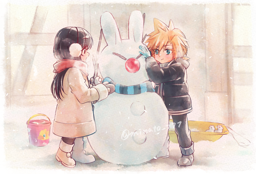 tifa lockhart, cloud strife, and moogle (final fantasy and 2 more) drawn by minato_(ct_777)