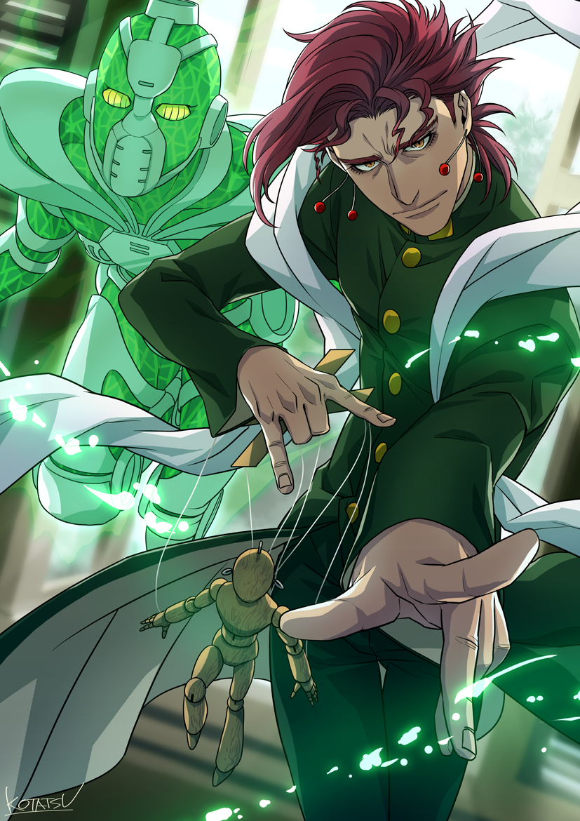 kakyoin noriaki and hierophant green (jojo no kimyou na bouken and 1 more) drawn by kotatsu_(g-rough)