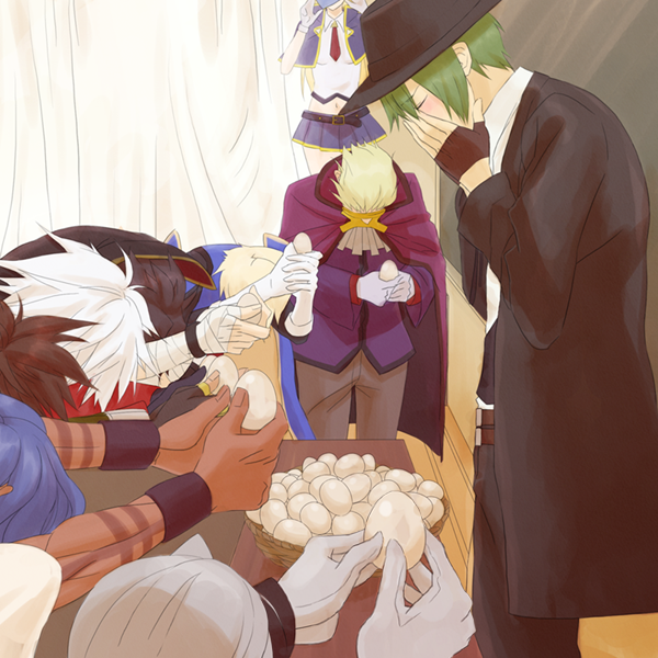 noel vermillion, ragna the bloodedge, jin kisaragi, hazama, shishigami bang, and 4 more (blazblue) drawn by nice_hajime