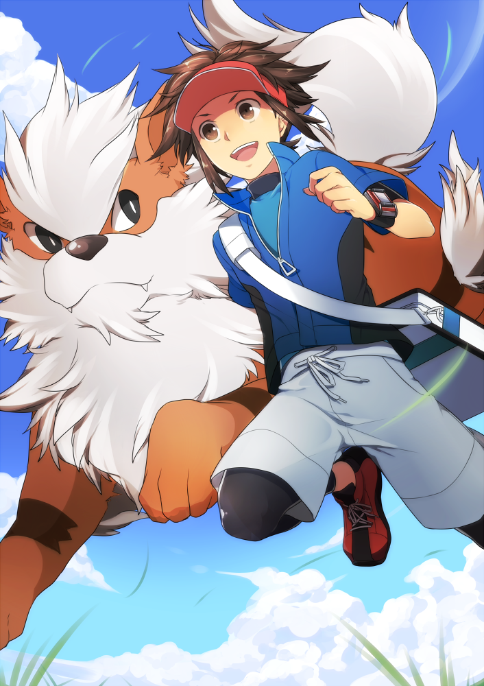 nate and arcanine (pokemon and 1 more) drawn by azuki_neko