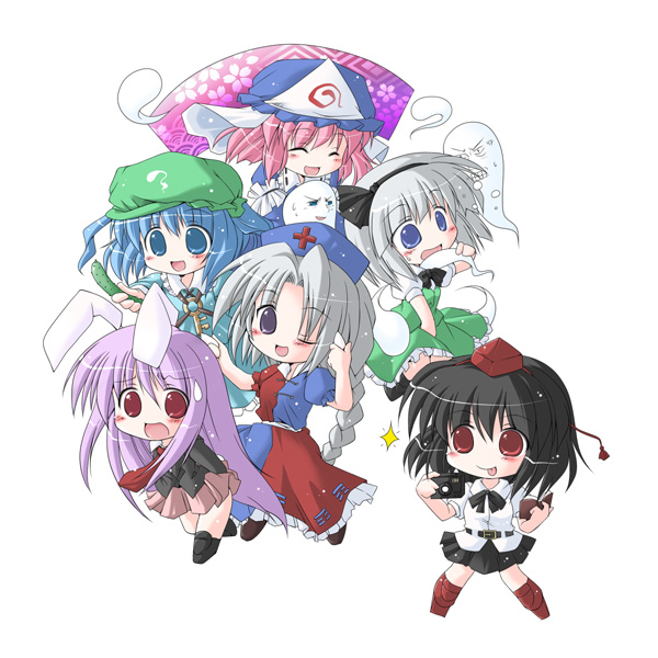 konpaku youmu, shameimaru aya, reisen udongein inaba, saigyouji yuyuko, kawashiro nitori, and 1 more (touhou) drawn by nisu