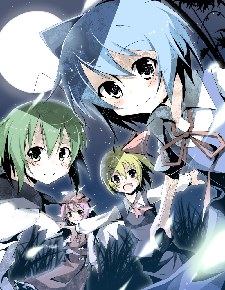 cirno, rumia, mystia lorelei, and wriggle nightbug (touhou) drawn by hakobako