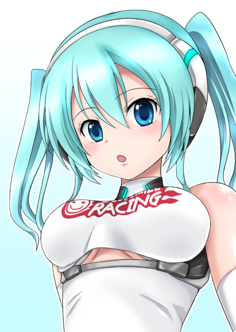 hatsune miku and racing miku (vocaloid and 1 more) drawn by hidaka_toworu