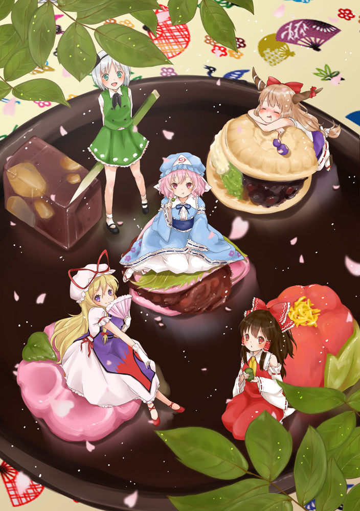 hakurei reimu, konpaku youmu, yakumo yukari, saigyouji yuyuko, and ibuki suika (touhou) drawn by mnmktn