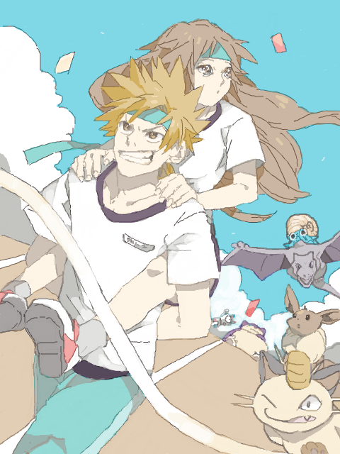 eevee, blue oak, leaf, meowth, magnemite, and 3 more (pokemon and 1 more) drawn by rotasu