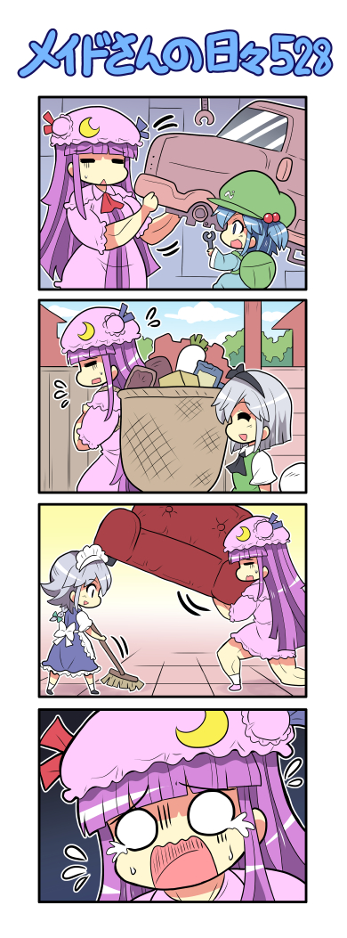 izayoi sakuya, konpaku youmu, patchouli knowledge, and kawashiro nitori (touhou) drawn by colonel_aki