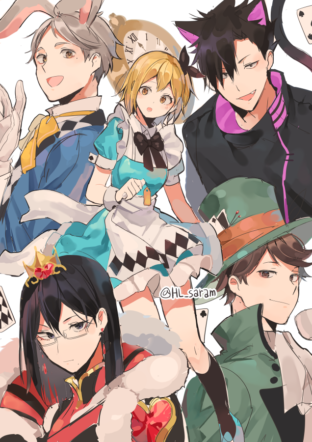 kuroo tetsurou, oikawa tooru, shimizu kiyoko, yachi hitoka, and sugawara koushi (haikyuu!!) drawn by joman
