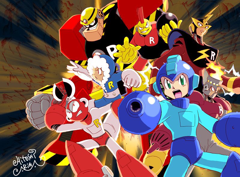 mega man, cut man, elec man, ice man, fire man, and 2 more (mega man and 2 more) drawn by ariga_hitoshi