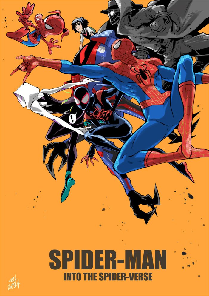 spider-man, spider-gwen, peni parker, sp//dr, spider-man noir, and 1 more (marvel and 3 more) drawn by mahito_(tranjistor)