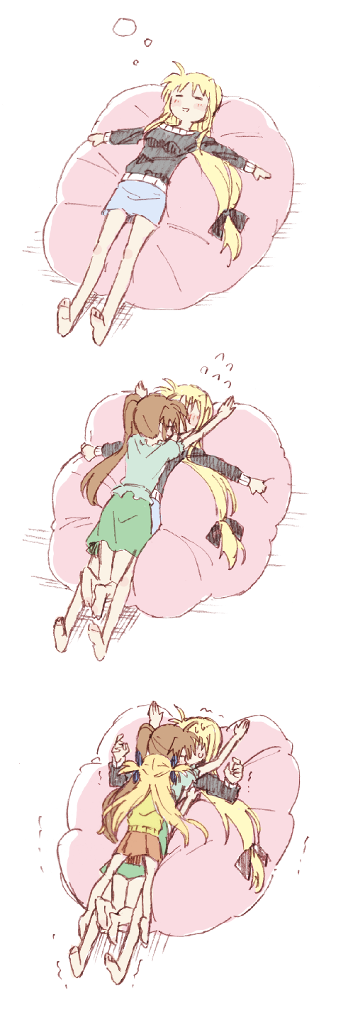 fate testarossa, takamachi nanoha, and vivio (lyrical nanoha and 3 more) drawn by kannari