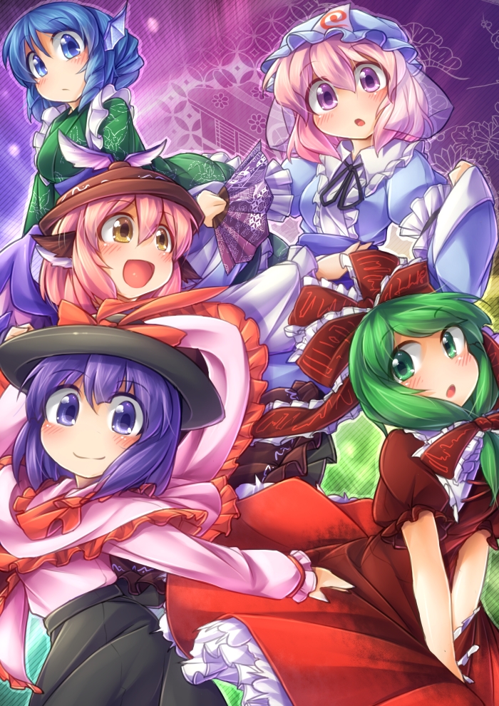 saigyouji yuyuko, mystia lorelei, kagiyama hina, nagae iku, and wakasagihime (touhou) drawn by fun_bo