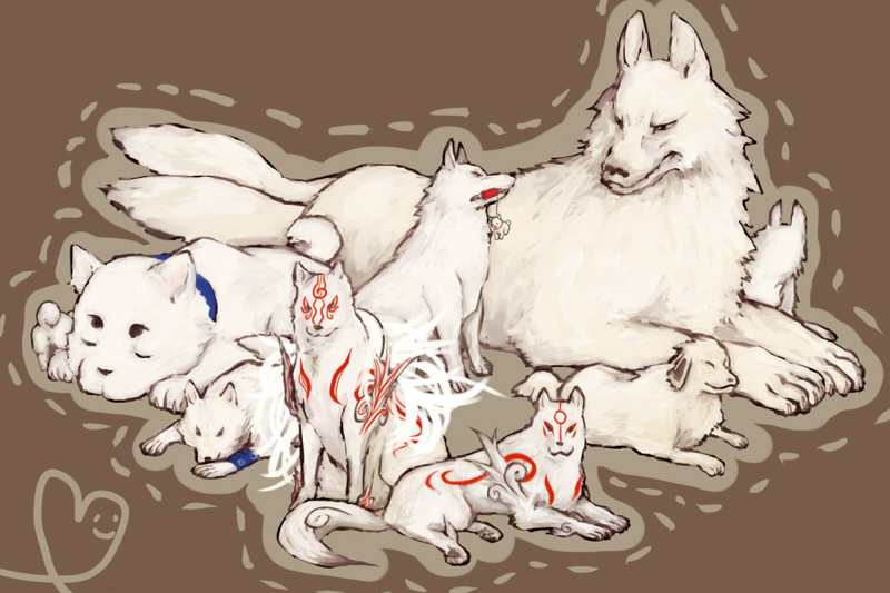 amaterasu, sadaharu, moro, akamaru, shiro, and 1 more (naruto and 4 more) drawn by nico-nico