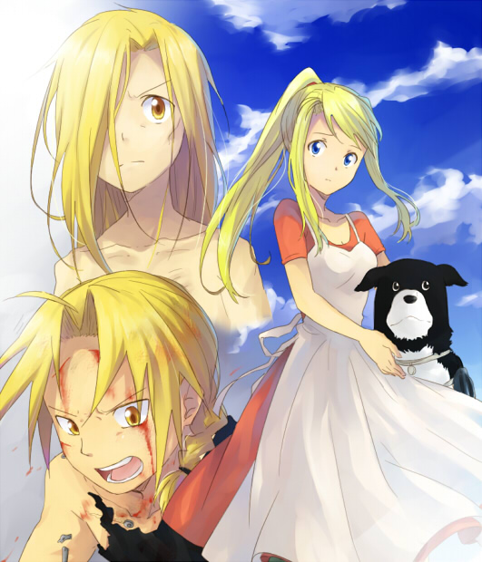 edward elric, alphonse elric, winry rockbell, and den (fullmetal alchemist) drawn by riru