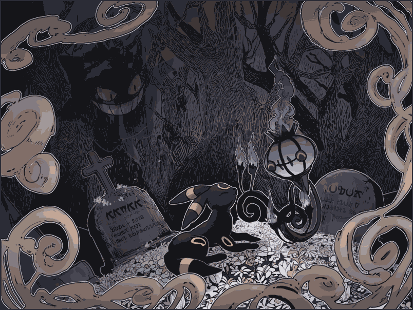 umbreon, gengar, and chandelure (pokemon) drawn by awai_(pixiv29777040)