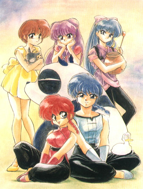 ranma-chan, shampoo, tendou akane, saotome ranma, hibiki ryouga, and 3 more (ranma 1/2) drawn by nakajima_atsuko