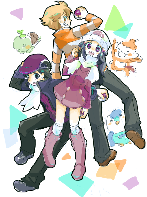 dawn, piplup, lucas, barry, turtwig, and 1 more (pokemon and 2 more) drawn by koromo