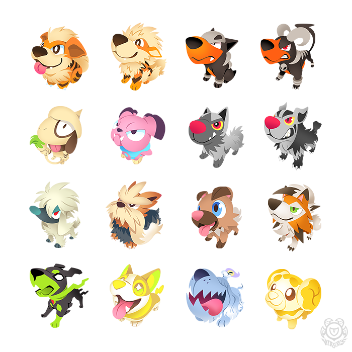 yamper, arcanine, lycanroc, houndoom, growlithe, and 11 more (pokemon and 1 more) drawn by versiris