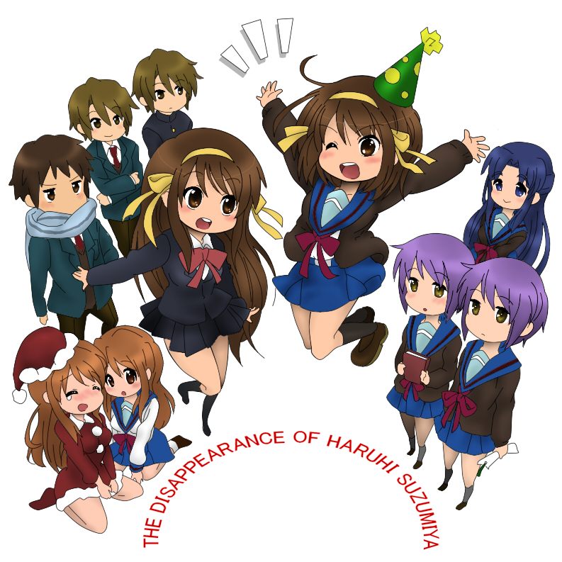 suzumiya haruhi, nagato yuki, asahina mikuru, kyon, asakura ryoko, and 1 more (suzumiya haruhi no yuuutsu and 1 more) drawn by jiyoko