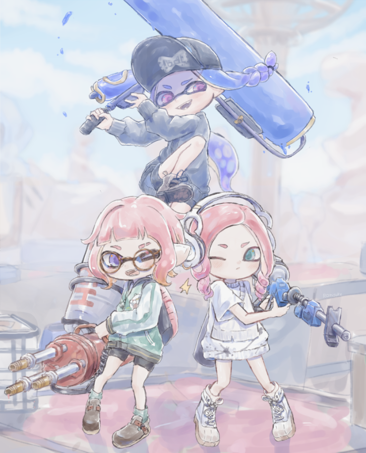 inkling player character, inkling girl, octoling player character, and octoling girl (splatoon and 1 more) drawn by 63suke