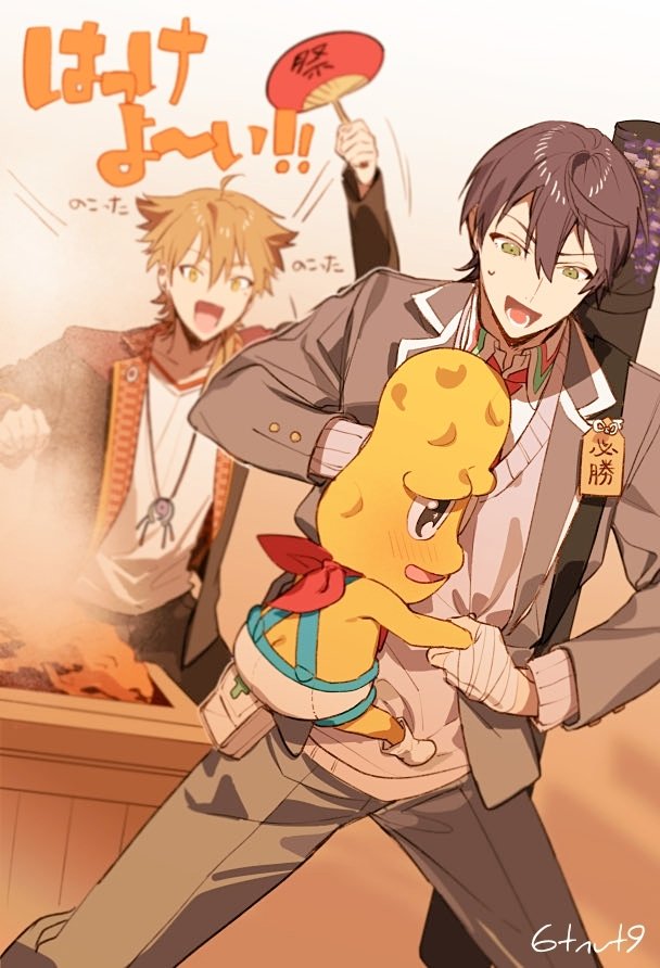 kenmochi touya, fushimi gaku, and peanuts-kun (nijisanji and 1 more) drawn by 6tnut9