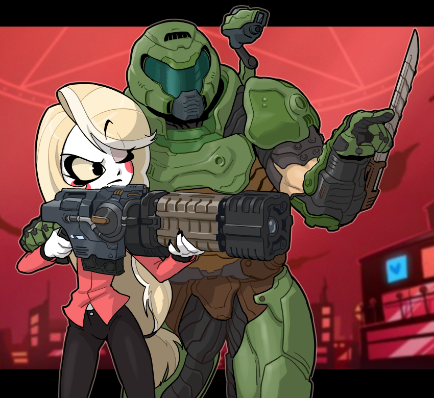 charlie morningstar and doomguy (hazbin hotel and 2 more) drawn by ta-na_(tana351)
