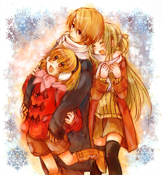 houjou satoko, sonozaki shion, and houjou satoshi (higurashi no naku koro ni) drawn by midori-neko