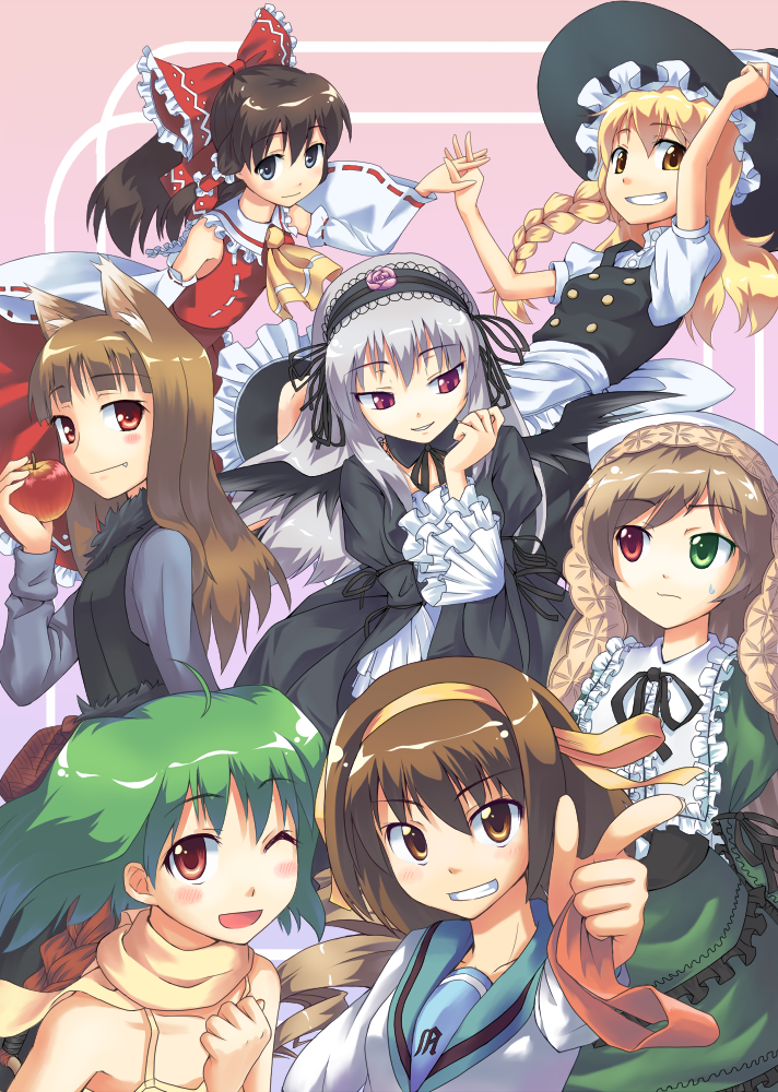 hakurei reimu, kirisame marisa, suzumiya haruhi, suigintou, holo, and 2 more (touhou and 5 more) drawn by hakkaku_shikimi