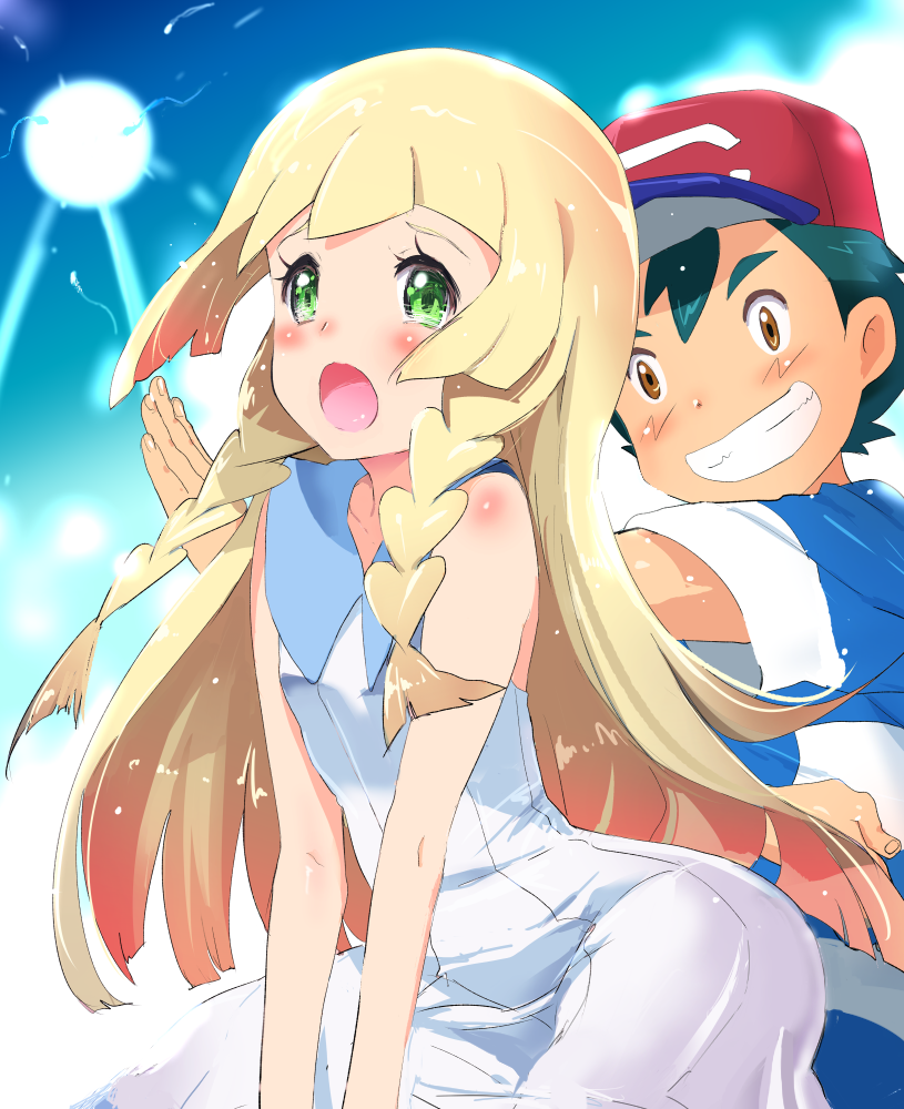 lillie and ash ketchum (pokemon and 1 more) drawn by mushi_gyouza