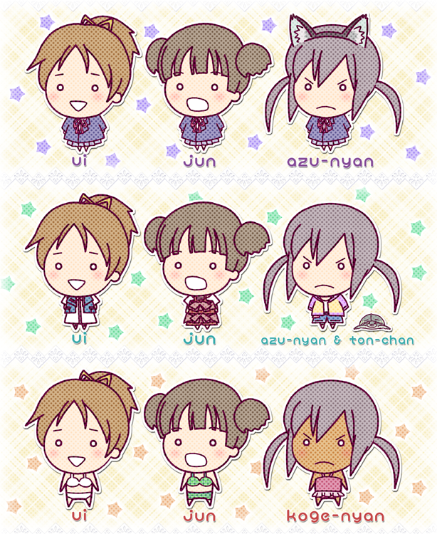nakano azusa, hirasawa ui, suzuki jun, and ton-chan (k-on!) drawn by kamo_(rsrk)