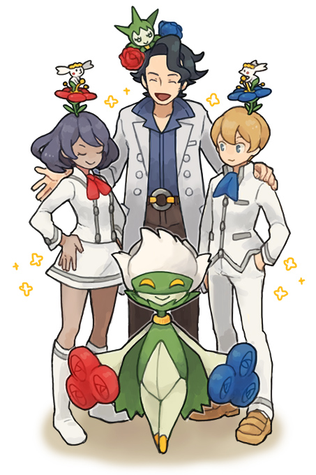 roserade, professor sycamore, roselia, sina, flabebe, and 1 more (pokemon and 1 more) drawn by ikra_(katacoly)