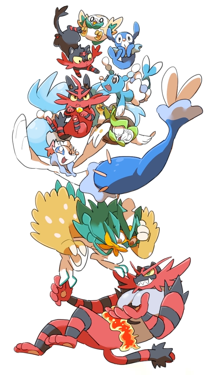 rowlet, popplio, litten, primarina, incineroar, and 4 more (pokemon) drawn by ban_(ban62460424)