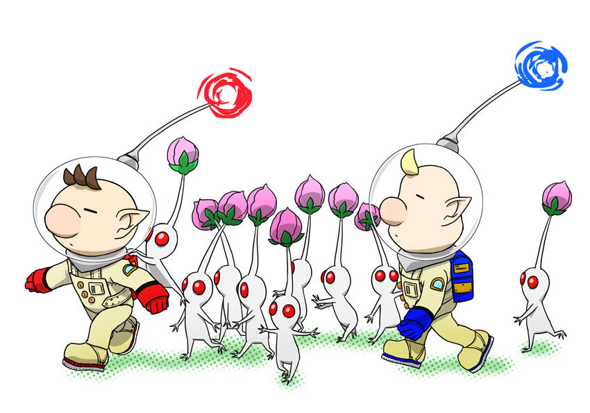 olimar, white pikmin, and louie (pikmin) drawn by naru_(wish_field)