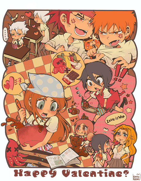 kuchiki rukia, inoue orihime, kurosaki ichigo, matsumoto rangiku, hitsugaya toushirou, and 5 more (bleach) drawn by souno_kazuki