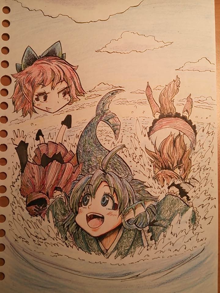 imaizumi kagerou, sekibanki, and wakasagihime (touhou) drawn by carte