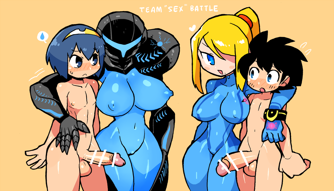 hiro (hankakudouga), pit (kid icarus), samus aran, kid icarus, metroid,  nintendo, super smash bros., highres, 1boy, 1girl, blonde hair, blue eyes,  breasts, clothed male nude female, cowgirl position, cum, girl on top,