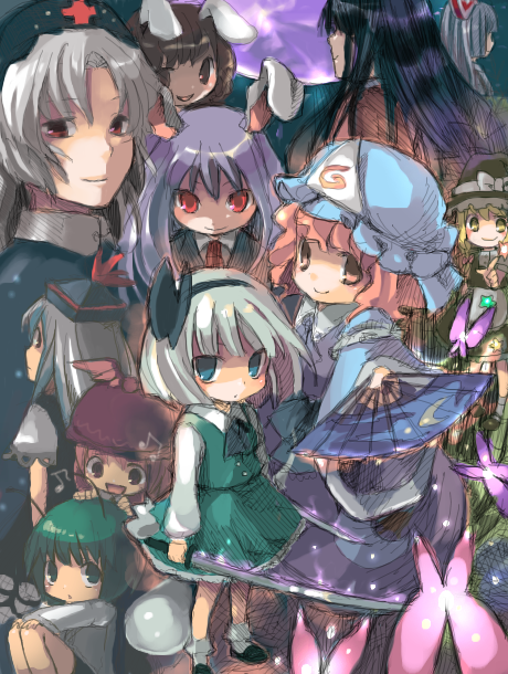 kirisame marisa, konpaku youmu, reisen udongein inaba, fujiwara no mokou, saigyouji yuyuko, and 6 more (touhou) drawn by nishiki_koi
