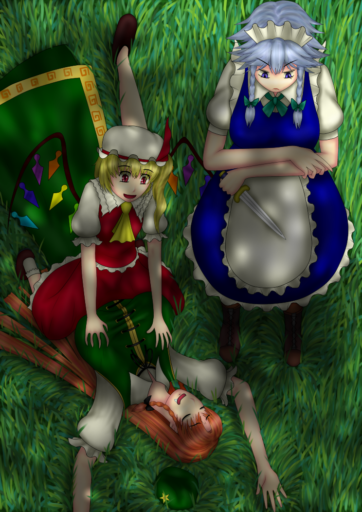 flandre scarlet, izayoi sakuya, and hong meiling (touhou) drawn by kir-imperial