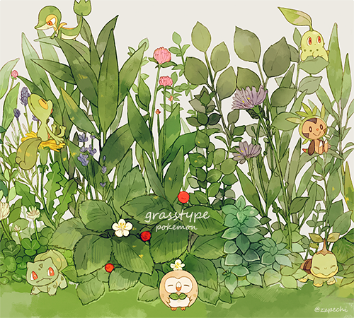 rowlet, bulbasaur, snivy, chikorita, treecko, and 2 more (pokemon) drawn by pechika