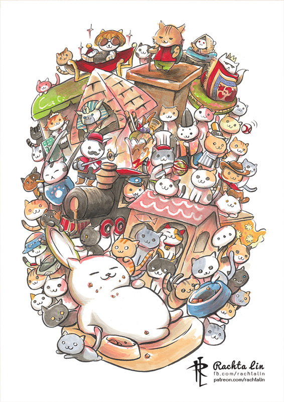 manzoku-san, oddo-san, shironeko, bisutoro-san, nagagutsu-san, and 11 more (neko atsume) drawn by rachta_lin