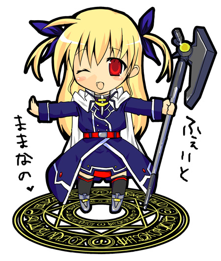 fate testarossa, vivio, and bardiche (lyrical nanoha and 1 more) drawn by yu_yu