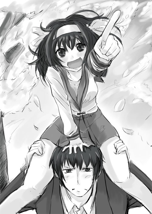 suzumiya haruhi and kyon (suzumiya haruhi no yuuutsu) drawn by gin'ichi_(akacia)