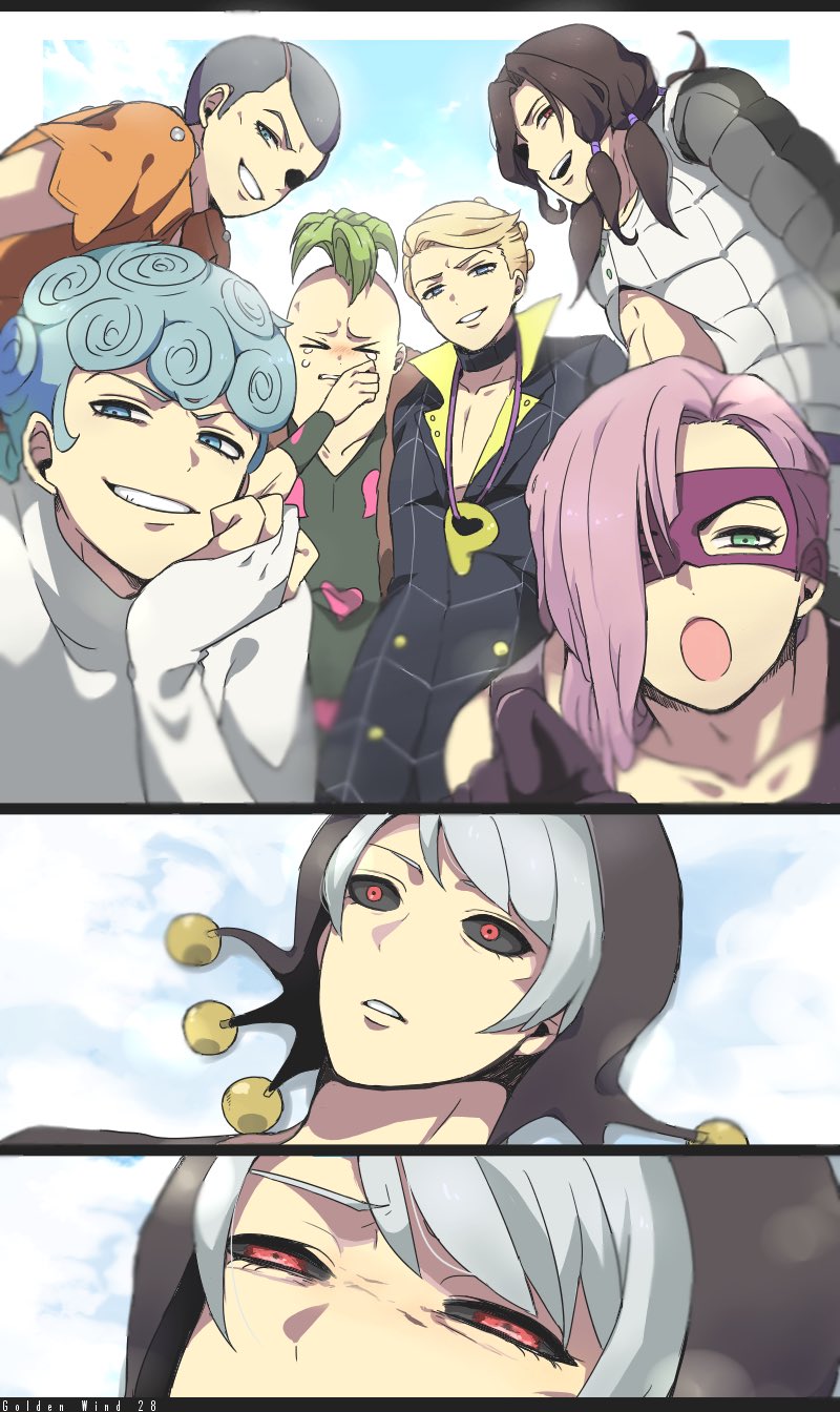prosciutto, risotto nero, melone, ghiaccio, illuso, and 2 more (jojo no kimyou na bouken and 1 more) drawn by lznustrpo
