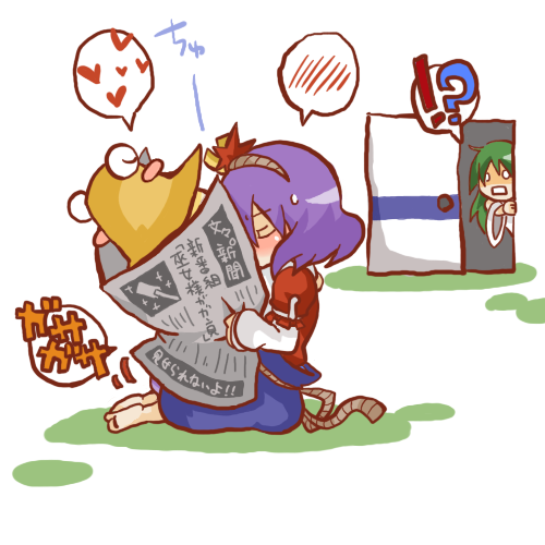 kochiya sanae, moriya suwako, yasaka kanako, and pyonta (touhou) drawn by gurageida