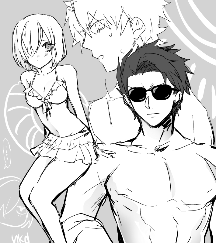 mash kyrielight, fujimaru ritsuka, and lancelot (fate and 1 more) drawn by nkdume_(dadadadann)