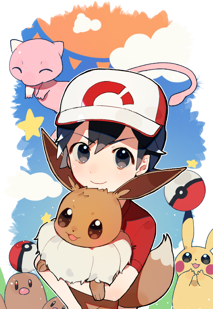 pikachu, eevee, mew, dugtrio, and chase (pokemon and 1 more) drawn by mizumi_zumi