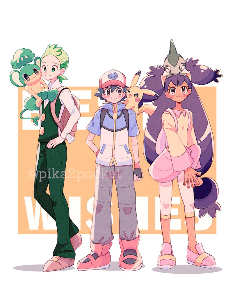 pikachu, ash ketchum, iris, cilan, axew, and 1 more (pokemon and 1 more) drawn by pika2pocket