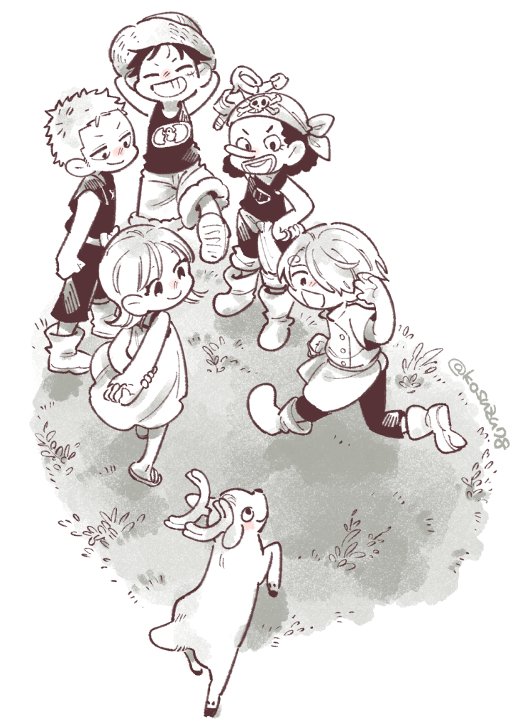 nami, monkey d. luffy, roronoa zoro, sanji, tony tony chopper, and 1 more (one piece) drawn by mitsubachi_koucha